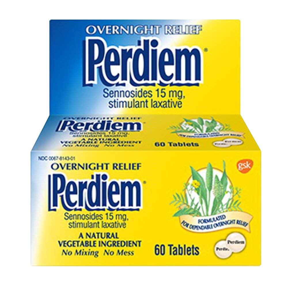 Perdiem stimulant laxative pills bottle on nightstand for overnight relief.