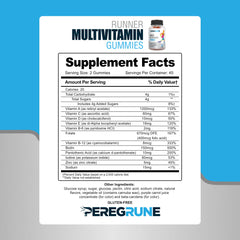 PEREGRUNE Runner Gummies ingredients panel listing vitamins A–E and zinc for daily energy