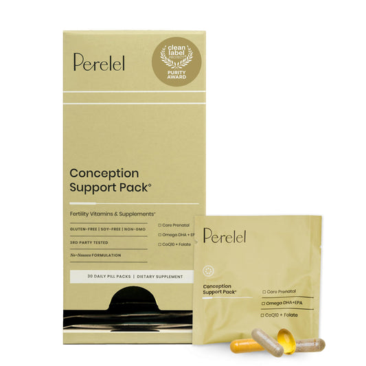 Perelel Conception Support Pack bottle-front showing convenient prenatal nutrients for planning ahead