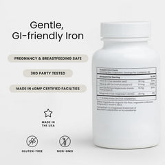 Perelel Daily Iron Ease label close-up shows gluten-free, non-GMO formula.