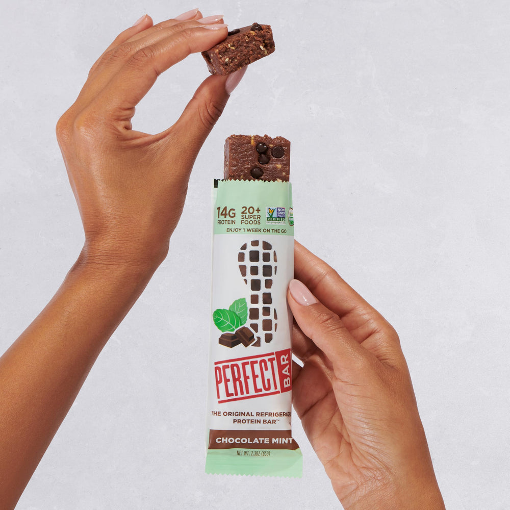 Perfect Bar Chocolate Mint Peanut Butter Bar with dark chocolate chips highlighting flavor balance.