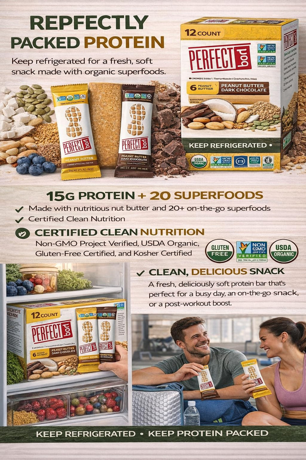 Perfect Bar gluten-free Non-GMO kosher label close-up emphasizes clean credentials.