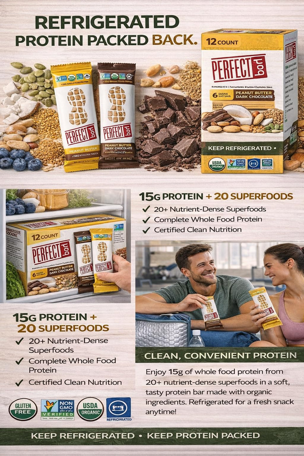 Perfect Bar on-the-go snack in a lunch bag illustrating portable protein.