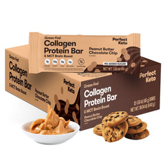 Perfect Keto collagen bar peanut butter chocolate chip pack for on-the-go keto snacking