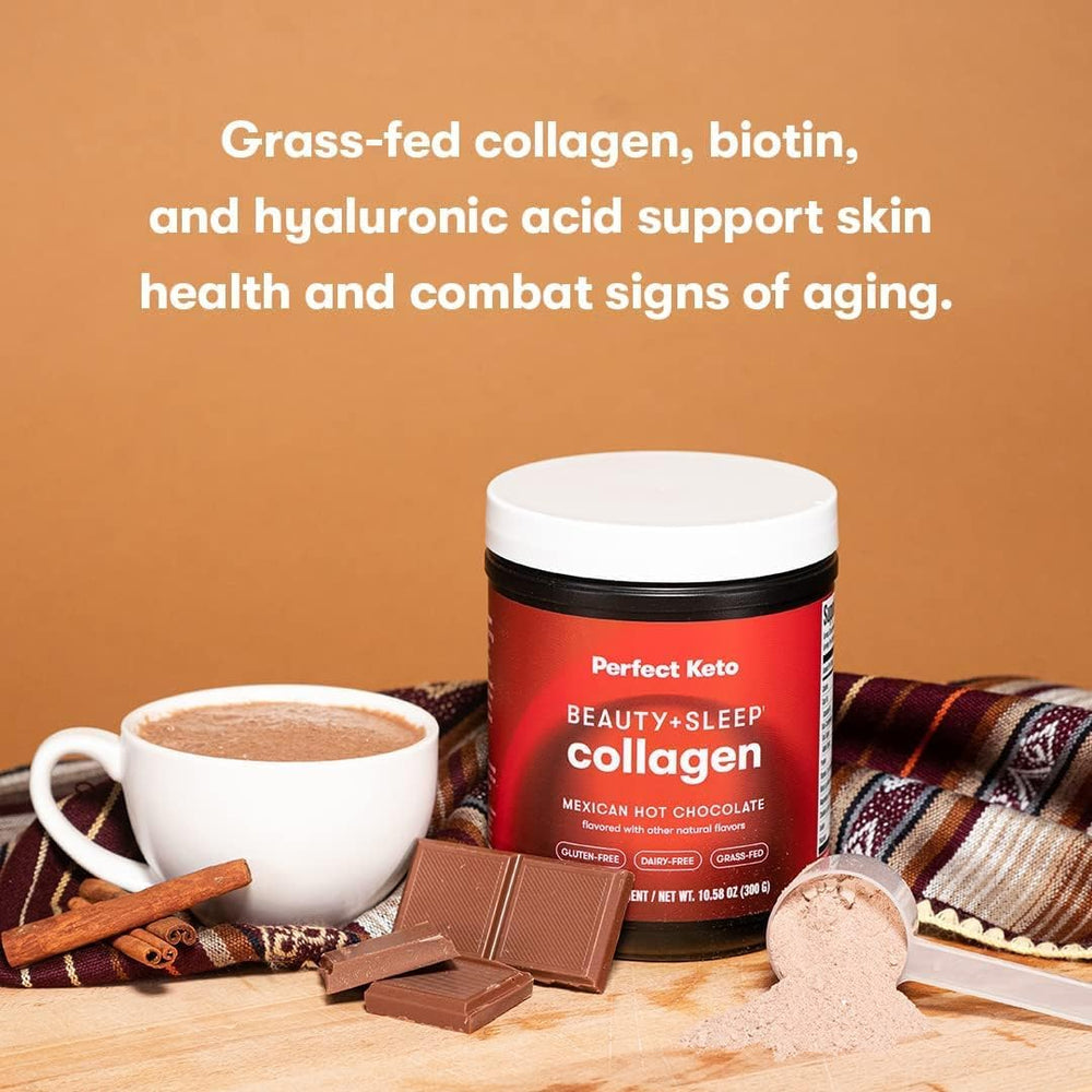Jar closeup of Perfect Keto collagen powder showing 7g collagen per serving.