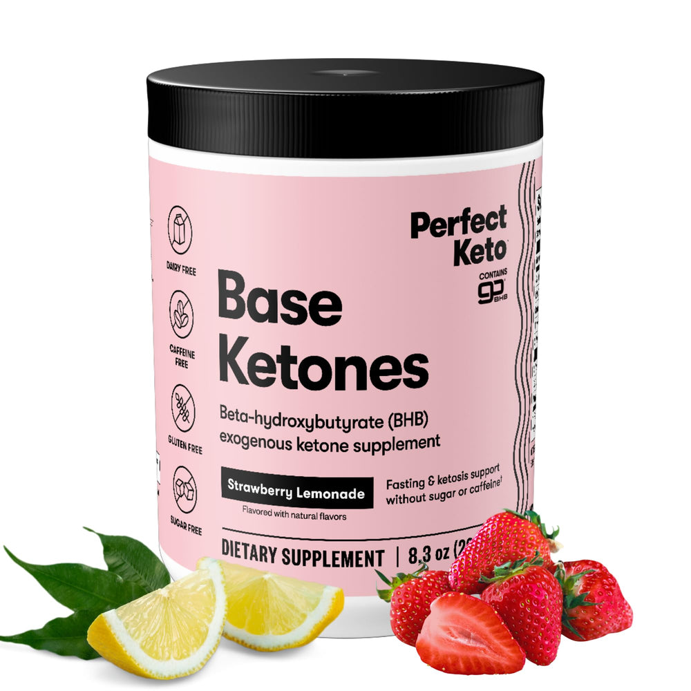 Perfect Keto goBHB Strawberry Lemonade powder in a tub supports hydration and steady energy.