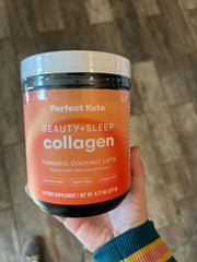 Perfect Keto hydrolyzed collagen powder serving ready to mix for hair and skin care.