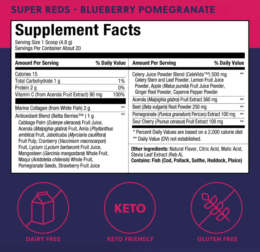Close-up of Perfect Keto Super Reds fruit powder with berry-rich antioxidants for daily vitality