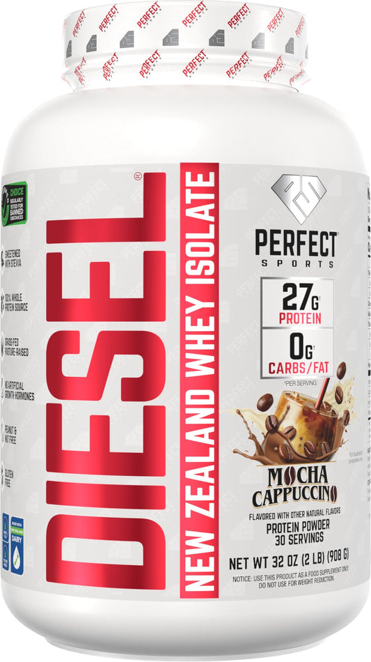 PERFECT SPORTS Diesel NZ whey bottle in Mocha Latte Cappuccino flavor for post-workout recovery.