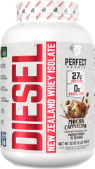 PERFECT SPORTS Diesel NZ whey bottle in Mocha Latte Cappuccino flavor for post-workout recovery.