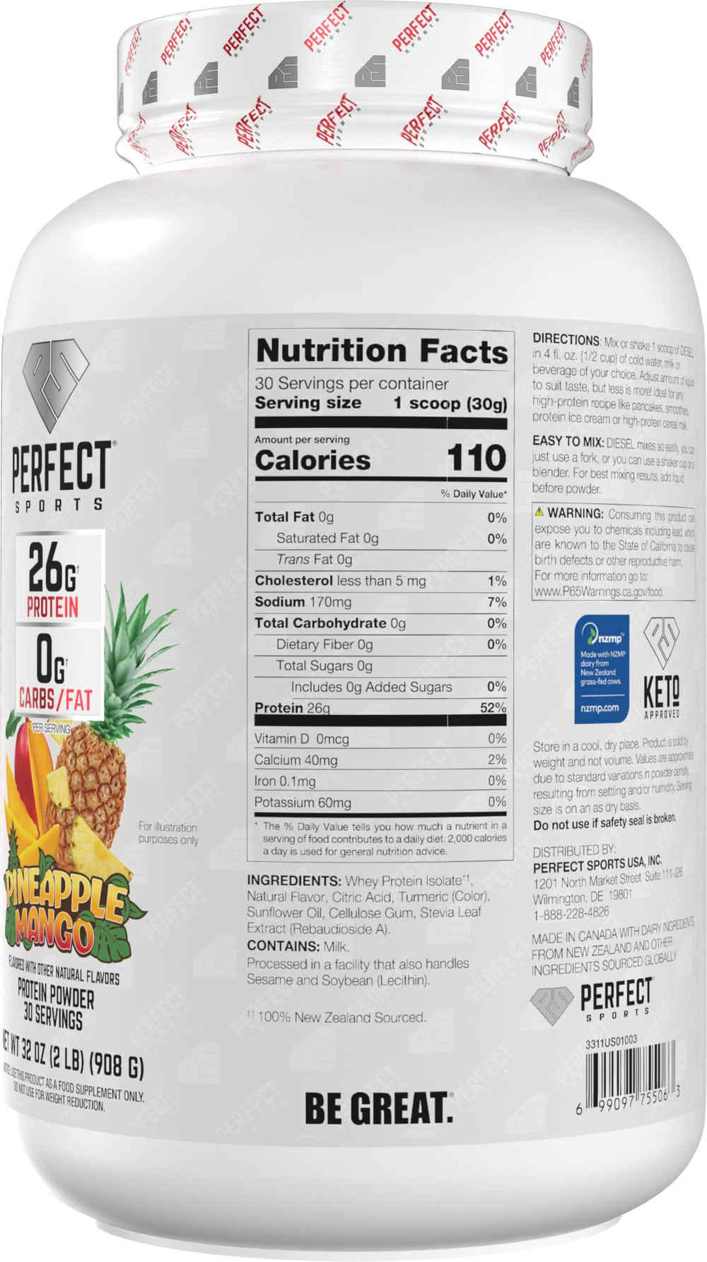 PERFECT SPORTS Diesel NZ whey protein isolate label close-up showing purity.