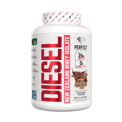 Perfect Sports Diesel milk chocolate bottle showing NZ whey isolate, easy to mix, high protein shake.