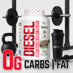 Packaging close-up of Diesel NZ Whey Protein Isolate highlighting stevia and clean ingredients.