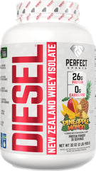 PERFECT SPORTS Diesel Pineapple Mango whey protein isolate bottle for post-workout recovery.