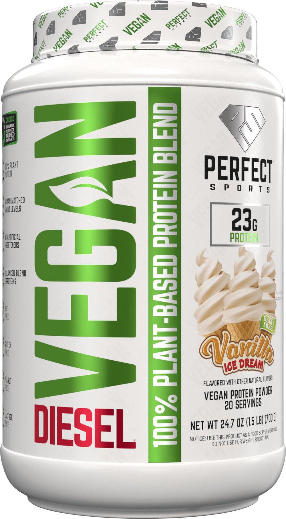 Perfect Sports Diesel Vegan bottle front view highlights 23g protein per serving.
