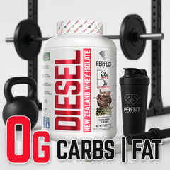5 lb tub of PERFECT SPORTS Diesel whey isolate on shelf for long-term use.