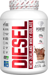 Perfect Sports Diesel whey isolate milk chocolate tub for premium post-workout protein.