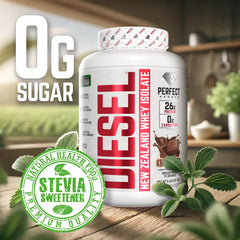 PERFECT SPORTS DIESEL whey isolate nutrition-panel-front clearly displays macros.