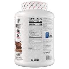 PERFECT SPORTS DIESEL whey isolate milk-chocolate serving showcases keto-friendly, zero carb option.