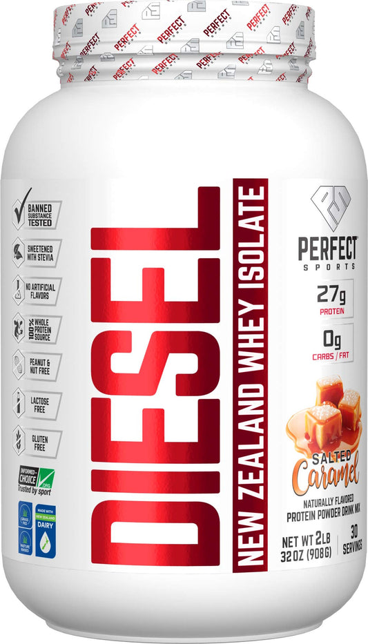 PERFECT SPORTS Diesel Salted Caramel whey isolate 2lb tub for post-workout protein