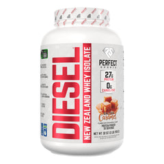 Perfect Sports Diesel bottle highlights 27g protein per serving for post-workout recovery.