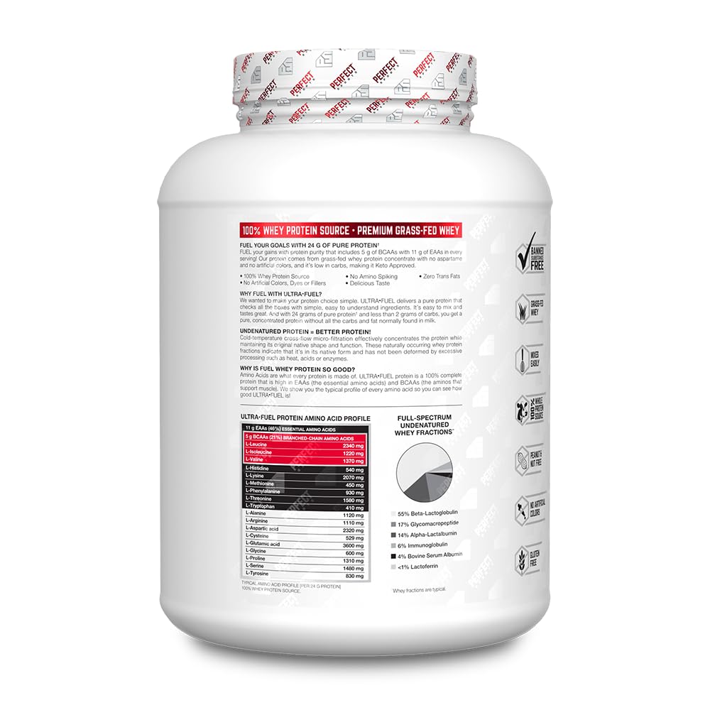 PERFECT SPORTS Ultra Fuel whey scoop on counter highlights easy daily protein