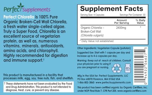 Perfect Supplements chlorella capsules bottle on counter — convenient daily protein source