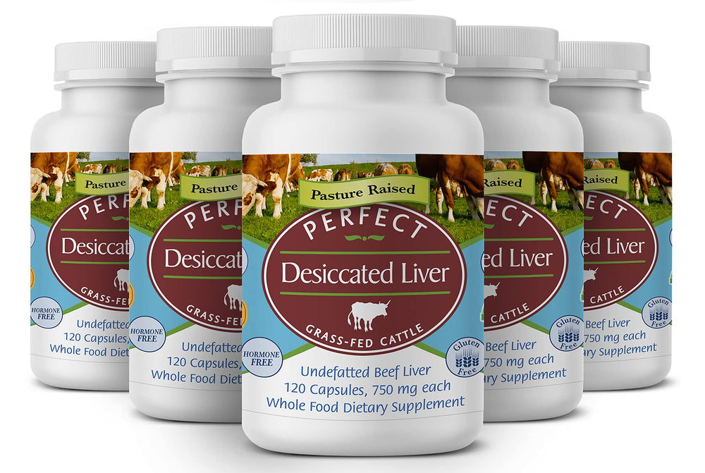Perfect Supplements desiccated liver bottle showcasing capsules as a natural protein source.