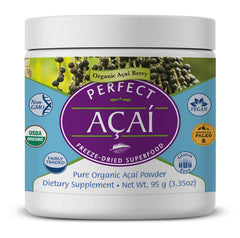 Perfect Supplements Perfect Acai Powder jar showing pure organic berries for antioxidant support