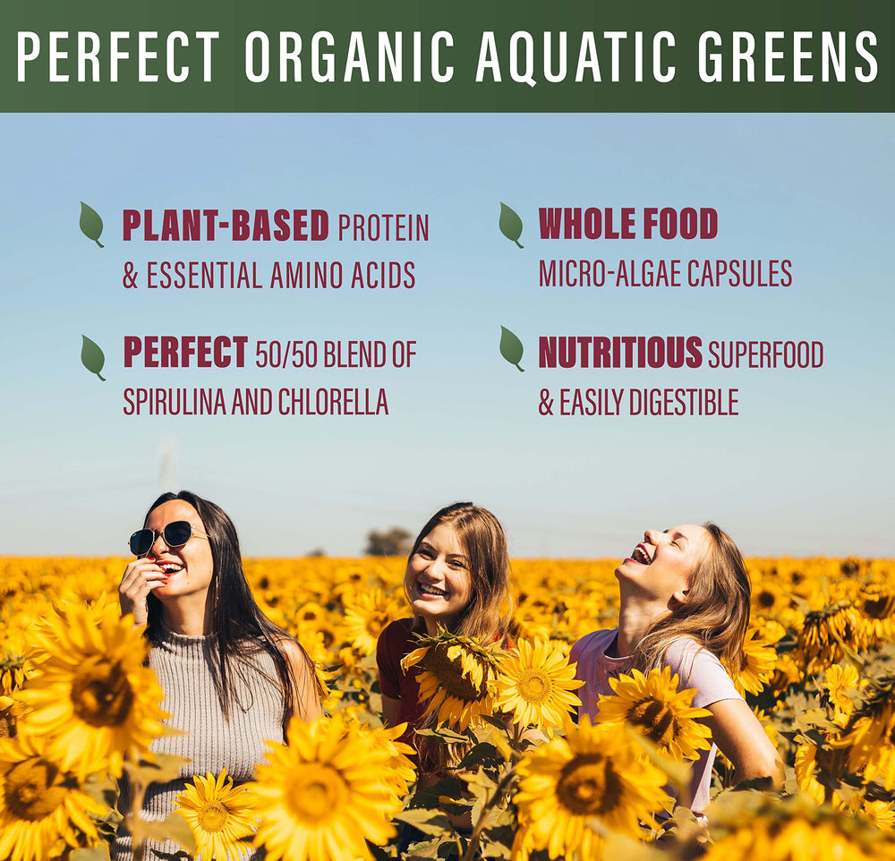 Perfect Aquatic Greens capsules closeup showing a 50/50 spirulina and chlorella blend.