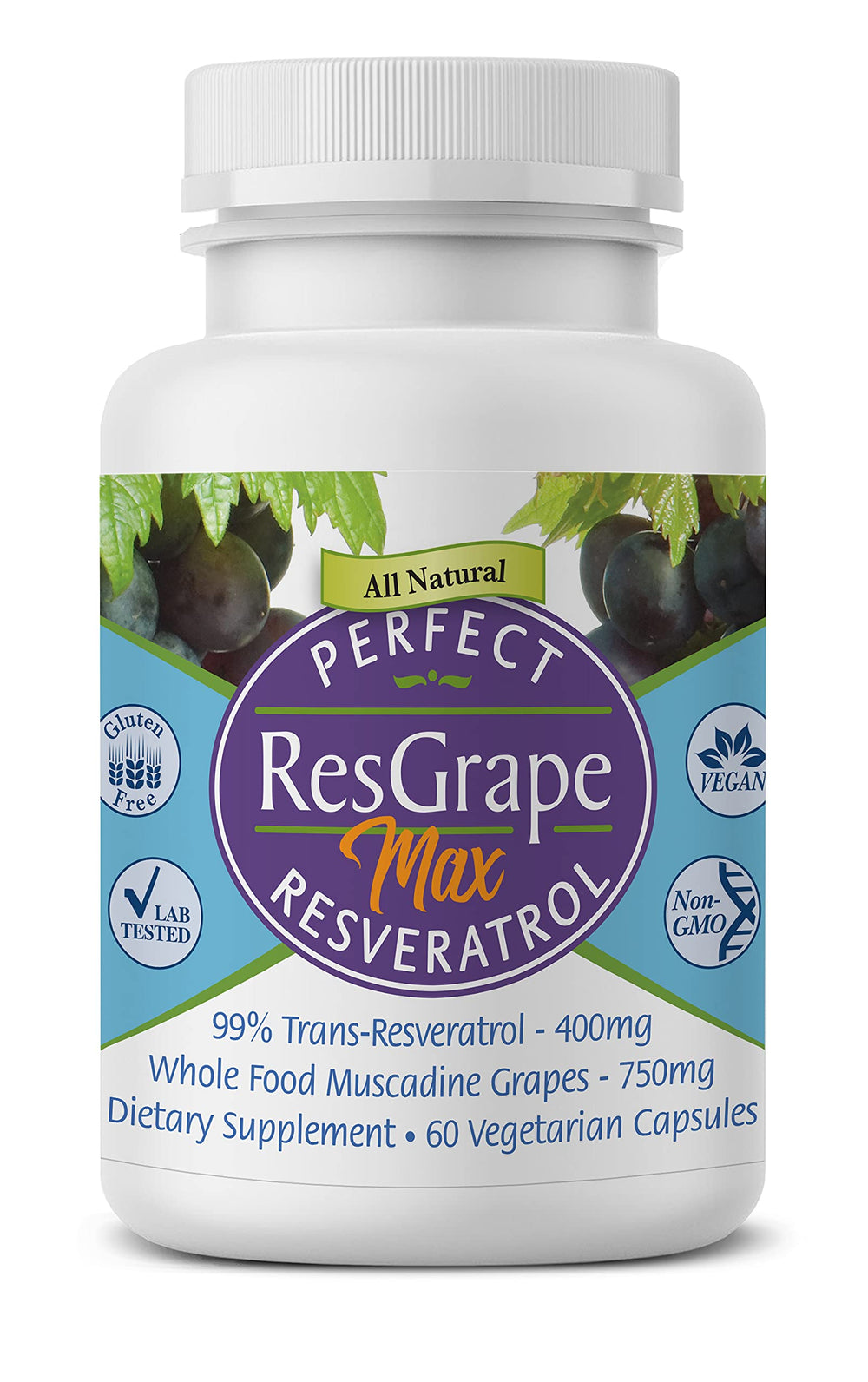 Perfect Supplements Perfect ResGrape Resveratrol MAX bottle highlighting daily antioxidant support.