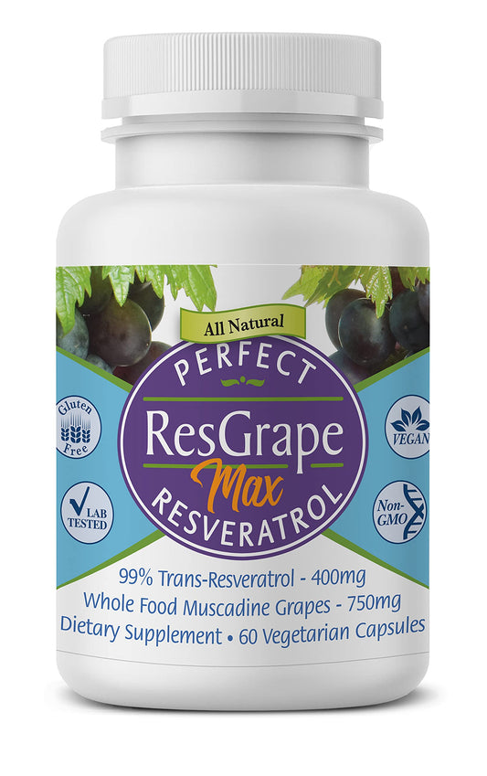 Perfect Supplements Perfect ResGrape Resveratrol MAX bottle highlighting daily antioxidant support.