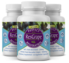 Perfect Supplements ResGrape bottle front with 200 mg trans-resveratrol per capsule.