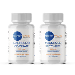 Perfect Vitamin Products Magnesium Glycinate bottle 2-pack on shelf suggests convenient sleep and recovery support