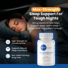 Perfect Vitamin Products melatonin 30mg bottle pour demonstrates easy nightly dosing.