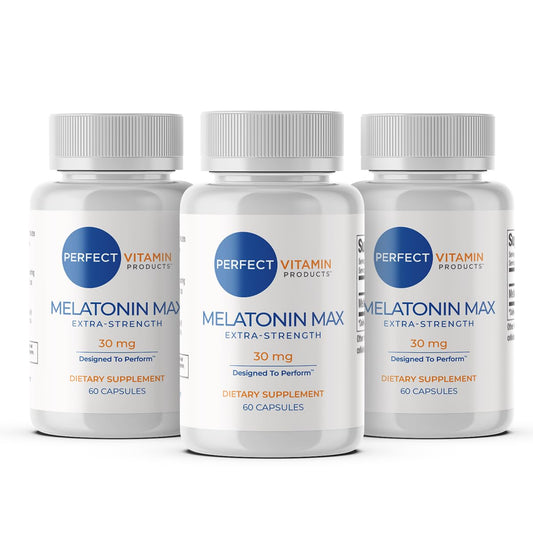 Perfect Vitamin Products melatonin 30mg bottle for a consistent nightly routine.