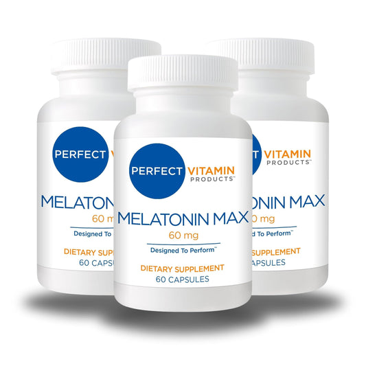 Perfect Vitamin Products Melatonin MAX 60mg bottle demonstrates high-dose nightly support