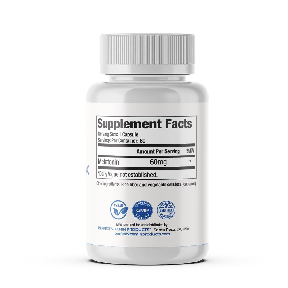 Perfect Vitamin Products Melatonin MAX made-in-USA bottle on nightstand