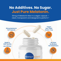 Travel-friendly Melatonin MAX bottle by Perfect Vitamin Products for jet lag adjustment