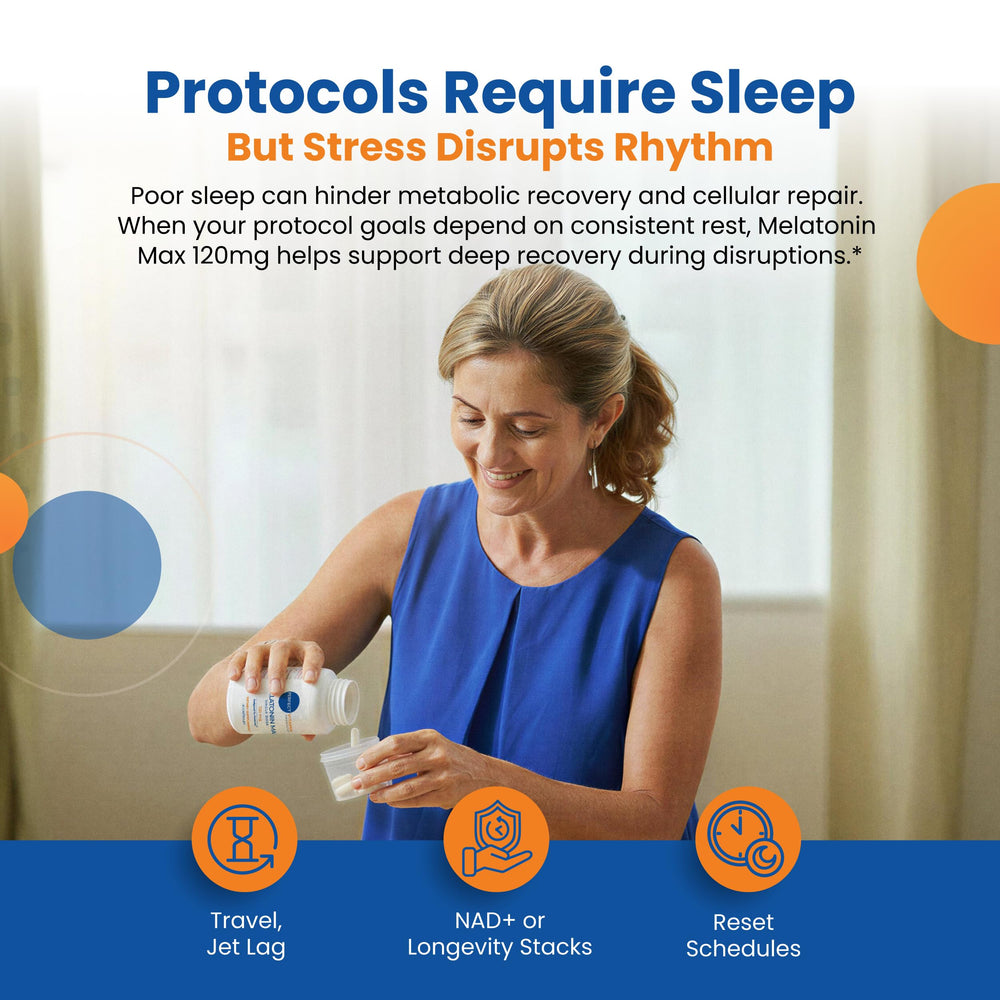 Nighttime routine scene with the Melatonin Max bottle for consistent sleep.