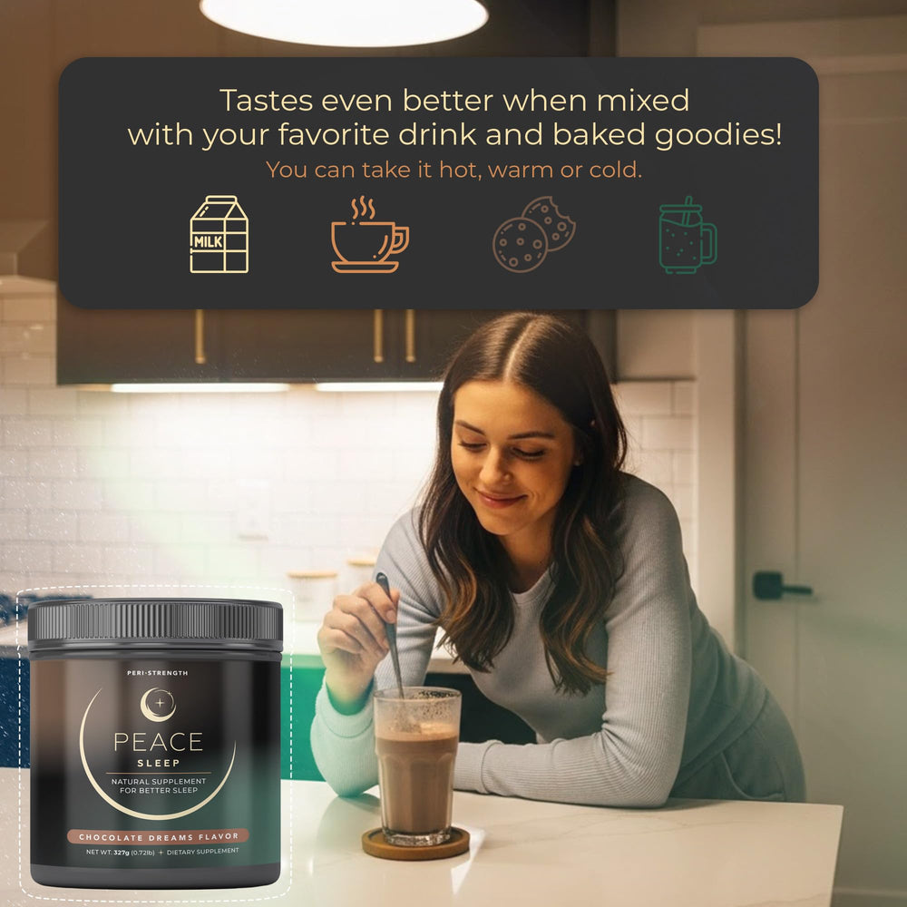 Prepared Peace Sleep chocolate drink in glass suggesting a comforting bedtime routine