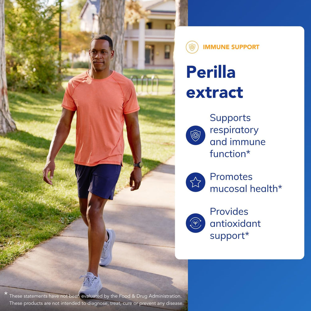 Perilla seed extract label close-up noting rosmarinic acid content for immune balance.