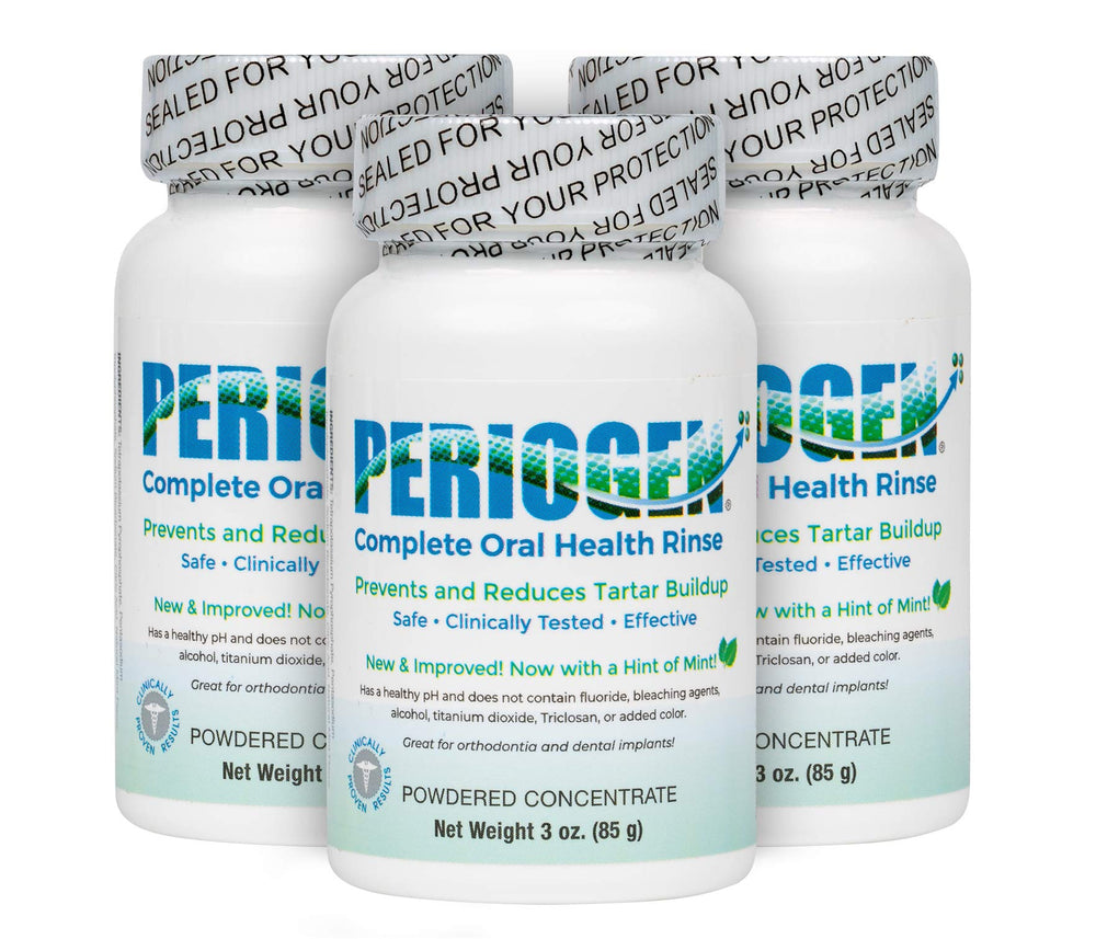 Periogen bottle pours minty rinse for tartar reduction