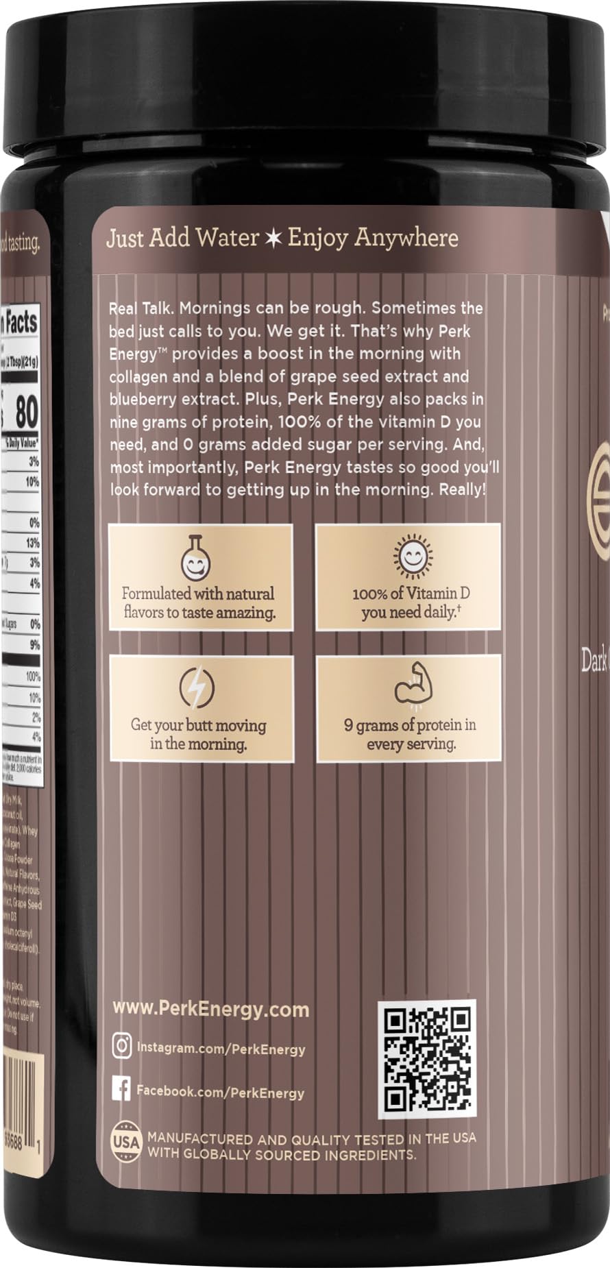 Perk Energy Drink Mix flavor closeup of dark chocolate salted caramel pretzel