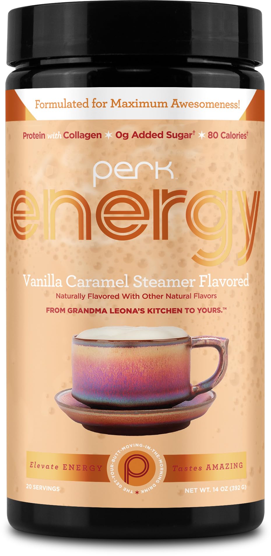 Perk Energy Vanilla Caramel Steamer cup splash showing creamy, protein-rich beverage.