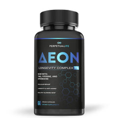 PERPETUA.LIFE AEON bottle front showing vegan longevity support for daily balance.