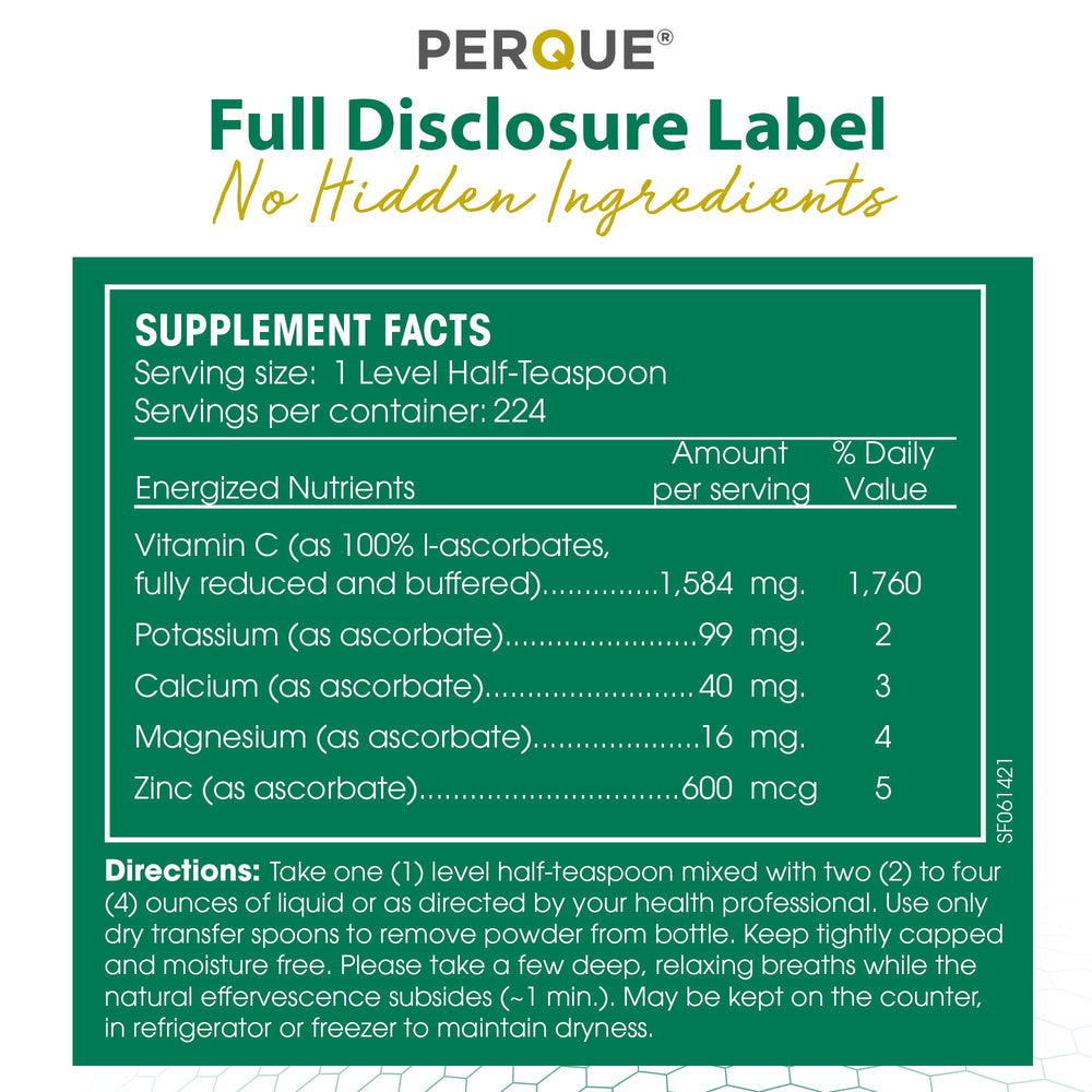 PERQUE bottle label close-up emphasizes allergen-free, non-GMO ingredients.