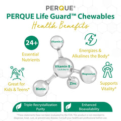 PERQUE Life Guard chewables bottle back-label highlighting corn-free, soy-free, sugar-free choices.