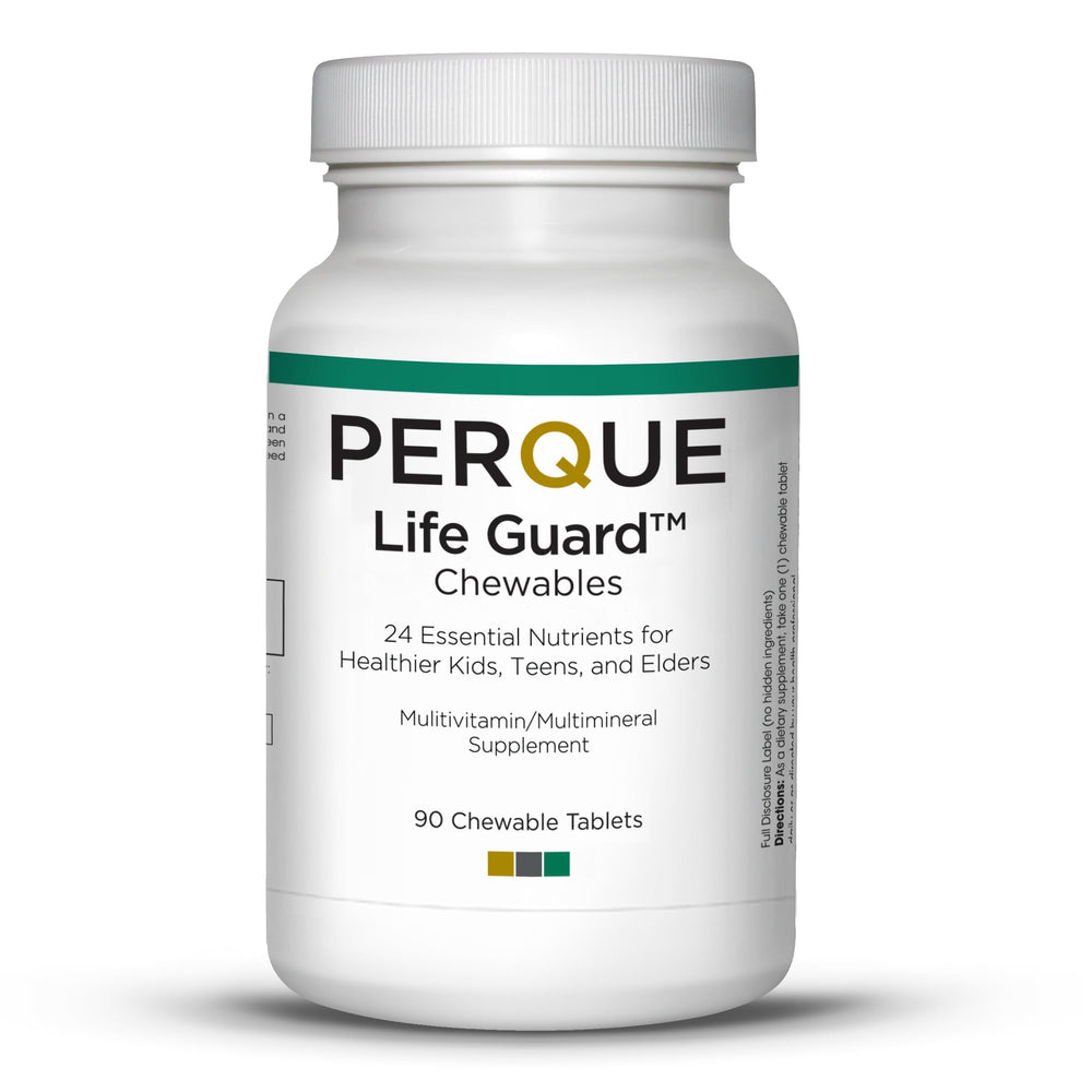 PERQUE Life Guard chewables bottle front view, corn-free, soy-free, sugar-free formula for daily use.