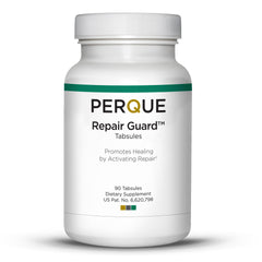 Perque Repair Guard bottle close-up shows easy-to-swallow tabs for daily support.